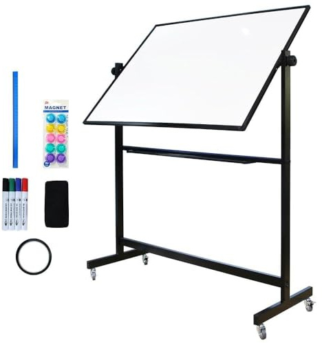 XIWODE Large Mobile Double-Sided Revolving Whiteboard, 150 x 90cm, Stable Dry Erase Board on Wheels, Office Classroom Portable Easel with Black Stand