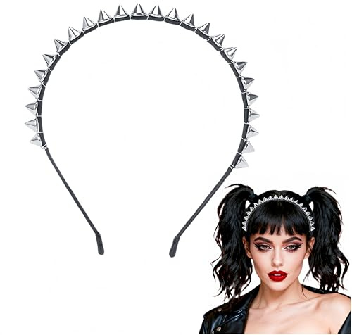 Fosrisix Silver Punk Metal Spike Rivet Headband, Rock Studded Headband for women, Goth Hair Accessories for Halloween Party Concerts Costume