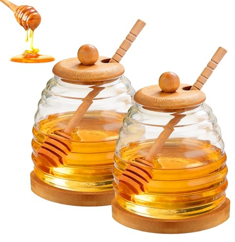 GOMETY 2 Stück Glas Honigtopf 500ml, Honigglas mit Honiglöffel, Honigspender Glas mit Holz Deckel und Holzsockel, Transparent Honiggläser Honigbehälter Honigtopfbehälter Servieren von Honig und Sirup