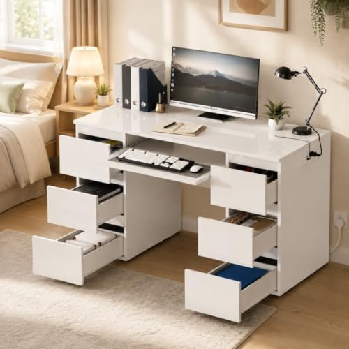 LSBIKE White Desk with 6 Drawers High Gloss Computer Desk Table Dressing Table with Drawers Home Office Writing Study Standing Desk with Storage Drawer 120x50x70cm (White)
