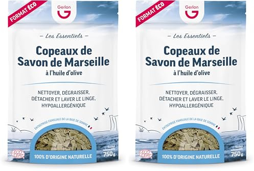 Gerlon Les Essentiels – Savon de Marseille en Copeaux à l’Huile d’Olive pour Lessive – 750 Grammes – Sans Glycérine Ajoutée - (Lot de 2)