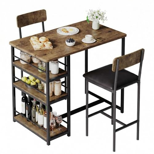 Crevyteg Compact 3-Piece Breakfast Bar Set for Small Spaces - Includes Storage Shelf Table & 2 High-Back PU Leather Stools, Black Finish for Modern Kitchens