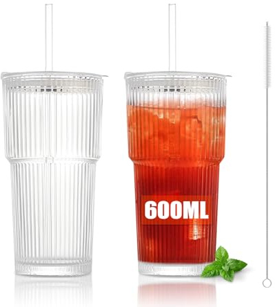 Gigmeta set da 2 bicchieri in vetro rigato da 600 ml con coperchio, cannuccia e spazzolino, ideali come bicchieri per frullati, caffè freddo e matcha