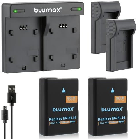 Blumax 2X Gold Akku 1100mAh ersetzt Nikon EN-EL14a + Mini Dual-Ladegerät USB kompatibel mit Nikon D3100 D3200 D3300 D3400 D5100 D5200 D5300 D5500 Coolpix P7800 P7700 P7100 P7000