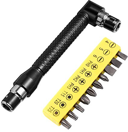 OUNONA Double-Headed L-Shaped Socket Wrench Extension Handle Screwdriver 1/4'' Shank 90 Degree Right Angle Screwdriver Adapter (+10 Bits)