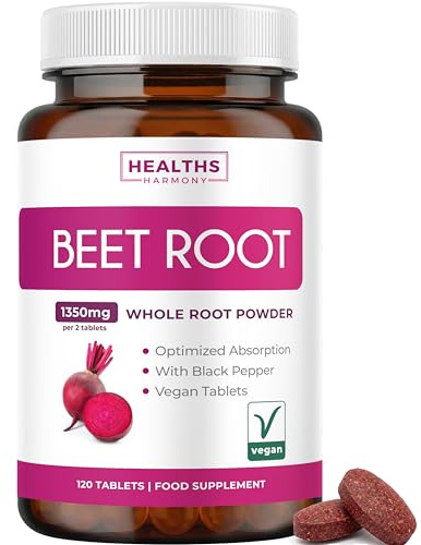 Beetroot Supplement, Nitrate & Antioxidant Support for Active Lifestyles | 1350mg Whole Beet Root Per Daily Serving, With Black Pepper for Absorption, Vegan, 120 Beetroot Tablets (2 Month Supply)