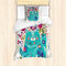 ABAKUHAUS Katze Bettbezug Set für Einzelbetten, Kitty mit Blumen und Vogel, Milbensicher Allergiker geeignet mit Kissenbezug, Seafoam Multicolor