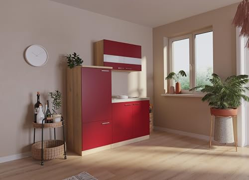 respekta Küche Miniküche Single Eiche Rot Kühlschrank Luis 160 cm