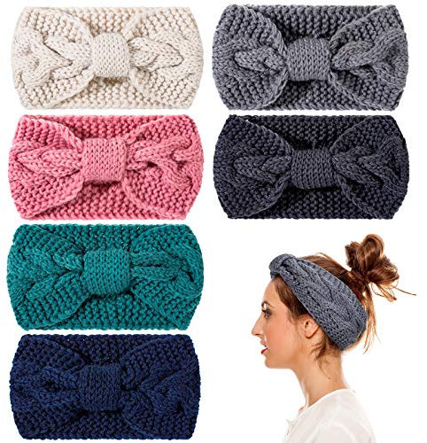 Whaline Strick-Stirnbänder für den Winter, Ohrenwärmer, gedrehte, elastische Turban-Kopfwickel mit Schleifenknoten, Haarband-Zubehör, Haargummis, Schals für Damen und Mädchen, 6 Stück (Blau/Rosa)