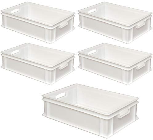 5x Eurobehälter mit 2 Durchfassgriffen, LxBxH 600x400x170 mm, 33 Liter, weiß