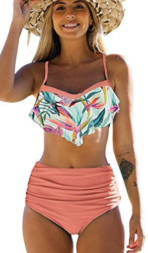 JFAN Costume da Bagno Donna Due Pezzi Bikini A Vita Alta Bottom Increspato Stampa Floreale Halter Ruffle Coordinati Rosa L