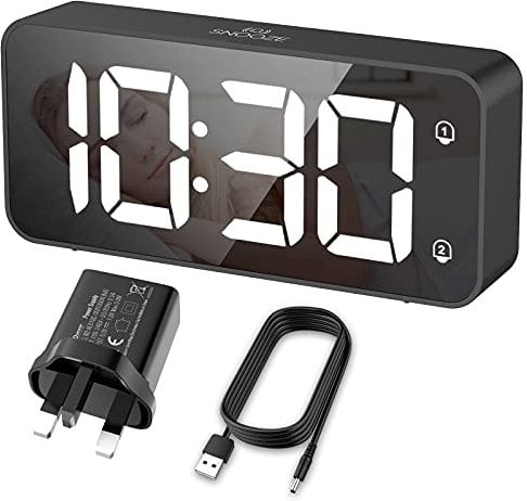HERMIC Alarm Clock Bedside Mains Powered Large Digital Led Display, Brightness Dimmer, Adjustable Alarm Volume, Snooze, Dual Alarm, 12/24H, 8 Ringtones, USB Charging Port, Easy to Use Black