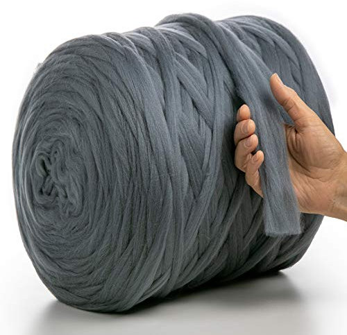 MeriWoolArt® XXL Merino Wolle Garn 2 cm Dick, Filzwolle Zum Trocken- und Nassfilzen, DIY Decke, Baby Wolle, Arm Stricken (Dunkelgrau, 3 kg)