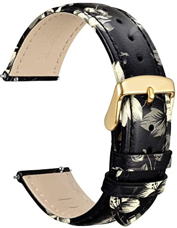 WOCCI 18mm Blumen Uhrenarmband für Damen, Echtes Leder, Schnellverschluss, Goldener Schnalle (Asche Blüht)