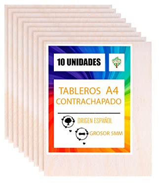 Arte-Directo 10 x A4 Tablero Madera Contrachapado | 210 x 300 x 5 mm (+/- 0.5mm) | Manualidades Chapa Maciza Abedul para Bricolaje | Ideal para Pirograbado, Corte por Laser, CNC Router, Modelado