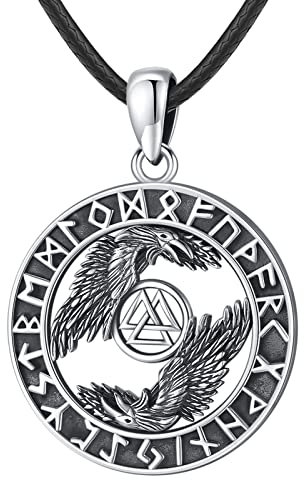 Eusense Wikinger Schmuck Rune Odin Valknut Rabe Halskette 925 Silber Nordisches Amulett Mythologie Viking Anhänger Kette Geschenk für Herren Damen