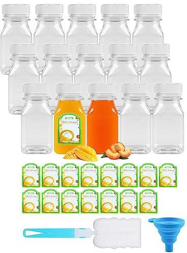 CoKeeSun 15 Pcs 4oz/120ml Juice Bottles with Lids, Reusable Clear Plastic Bottles Set with Funnel, Brushes and Stickers for Storing Juices, Drinks, Mini Fridge (White-120ml)