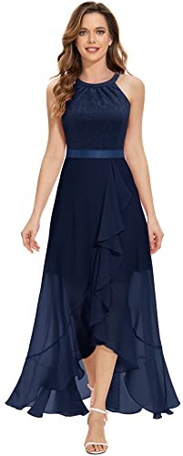 Dressystar Damen Elegant Abendkleider Lang Hochzeit Neckholder Cocktailkleid Abschlusskleid Chiffon Spitzenkleid Marineblau L