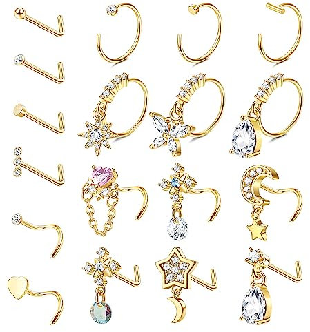 Milacolato 18Pcs 20G Nasenpiercing Ring Stecker Für Damen Männer Edelstahl Nasenstecker CZ Runde Star Nasenring L Form Blume Open Hoop 8mm Silber Nostril Conch Cartilage Daith Piercing Gold