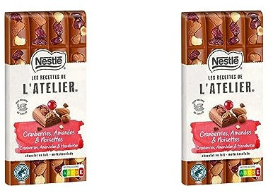 Nestlé Les Recettes de L'Atelier - Tablette Chocolat Lait Cranberries, Amandes et Noisettes - 170 g (Lot de 2)