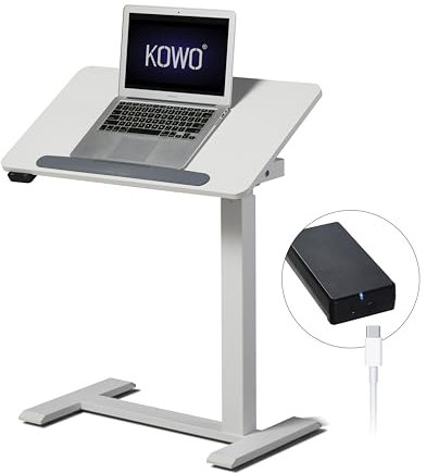 kowo Small Standing Desk, Battery-Powered Electric Height Adjustable Laptop Table with 70cm White Tilting Tabletop, Portable Over Bed Table with Wheels for Sofa & Bed Use with Left/Right Installation