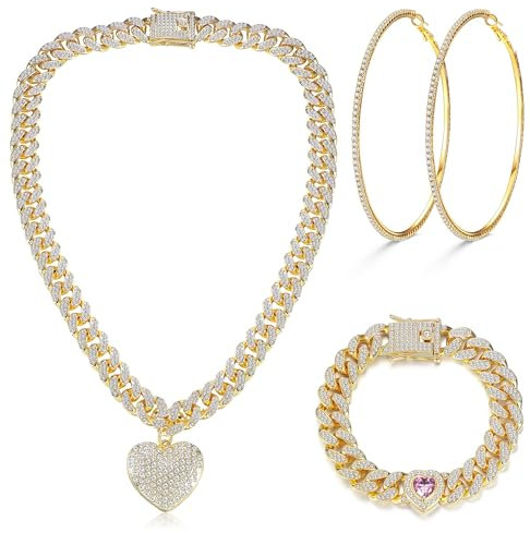 Kakonia Kubanische Gliederkette Schmuckset Kubanische Kette Halskette Kubanisches Gliederarmband Strass-Reifenohrringe Gold Iced Out Kette Herz CZ Big Circle Ohrringe Hip Hop für Frauen 50MM