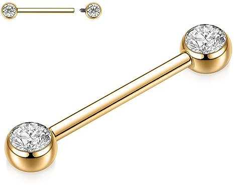 hengkaixuan G23 Titanium Nipple Barbell Gold Nipple Ring 14G Nipple Bar Internally Threaded Nipple Jewellery Nipple Piercing Tongue Jewellery Tongue ring for Women 16mm with CZ