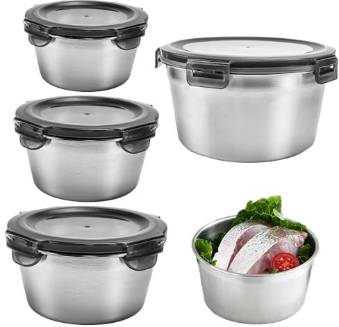 DTYGUIXE Lot de 4 Boîtes de Conservation en Acier Inoxydable Boites Alimentaires en Inox Boîtes Alimentaires Empilables Boîte à Fruits avec Couvercle pour Cuisine Rangement 400/600/1100/2200ML