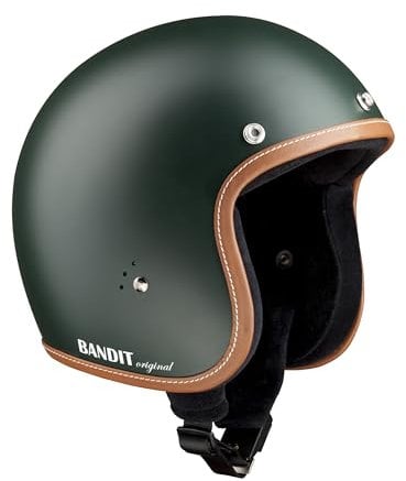 BANDIT Jet Premium Open Motorcycle Helmet Matte Green Leather Profile Custom Biker Style Visor Included Dull Green Open Helmet JETPGR (L)