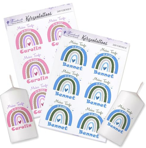 FEENSTAUB Kerzen Tattoos für die Taufe - Folie Mit Regenbogen und Namen Personalisiert, Taufkerze Selber Machen, Tauffeier Tischdeko Gestalten - Rosa oder Blau