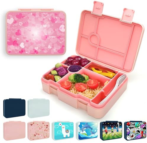 XJIANFU Brotdose mit Fächern,1300ml Auslaufsichere Bento-Box, Kinder-Lunchbox,Auslaufsicher Mit 5 Fächern,Jausenbox Brotbox für,Mädchen & Jungen,Mikrowelle/spülmaschinenfest (Rosa-B)
