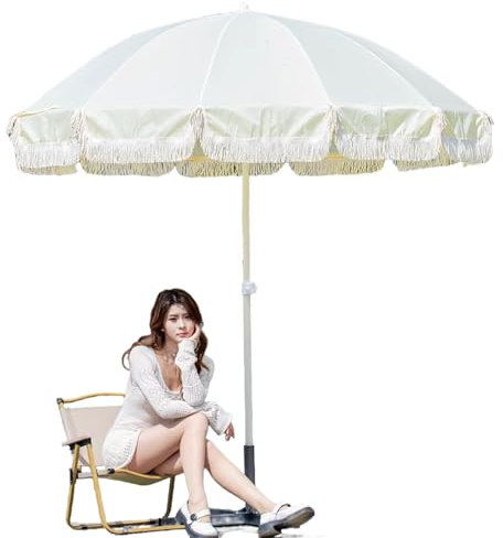 Parasol de Jardin avec Franges Ø 210 Cm, Parasol Extérieur pour Terrasse/Piscine, Parasol de Plage Portable à Hauteur Réglable, 12 Baleines, Sac de Transport, Beige