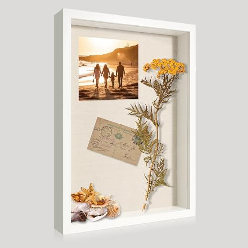 CCDCC 12x16 Large Shadow Box Picture Frame Display Case with Soft Linen Back, White Wooden Memory Shadow Box Frame with Tempered Glass Cover for Wall Display