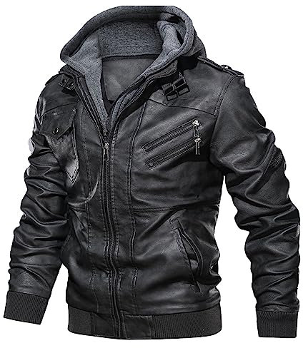Uusollecy Chaqueta de cuero para hombre, capucha desmontable con capucha chaqueta de cuero con cremallera, gris oscuro, XXL