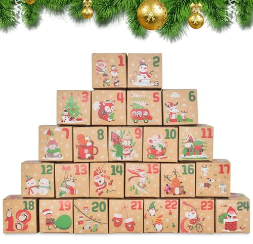 Boîtes Vides de Noël 24 Pièces Calendrier Noel Boîte, DIY Boites Cadeau Noël Calendrier de l'Avent 2024, Compte à Rebours Boite Cadeau Noel Remplir Cadeau de Noël pour Bonbons Biscuit