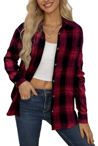 NONSAR Chemisier à Carreaux pour Femme - Boutonnière - Manches Longues - pour la fête de la bière - Tunique décontractée - Col en V - en Flanelle, Rouge plaid04, XL