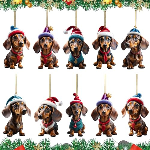 Dackel Weihnachtsschmuck,10 Stück Weihnachtsbaumschmuck Dackel | 2D Weihnachtsanhänger Dackel,Dackel Geschenke,für Auto Ornament Geschenke und Home Decorations Party Supplies