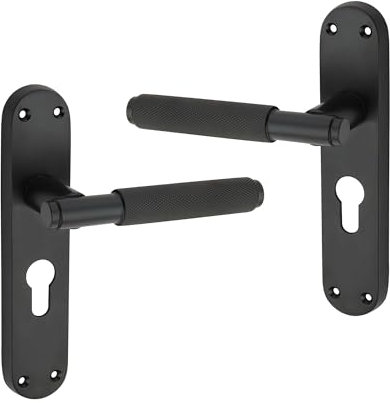 Infinity Decor Knurled Euro Lever Lock Door Handle on Backplate Set 185mm x 45mm Passage Door Pulls – Suitable for All Internal & External Doors (Matt Black)