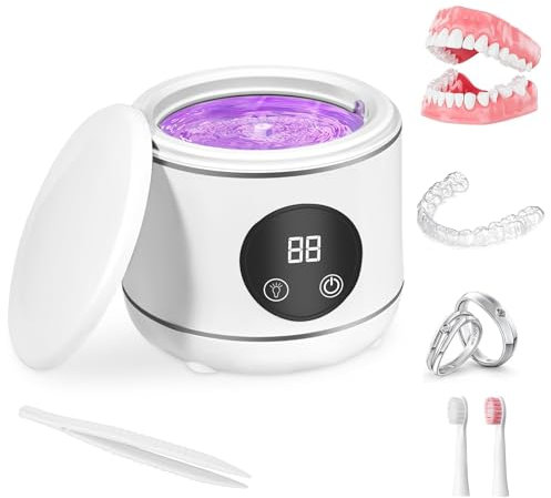Limpiador ultrasónico de retenedores U-V, Weslery máquina limpiadora de retenedores de 230ml para dentaduras postizas protectores bucales alineadores cabezales de cepillo joyas correas reloj (White)