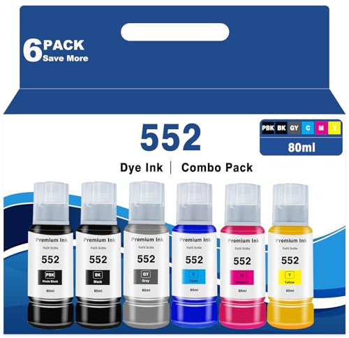 552 Tinten-Nachfüllflaschen, 6 Stück, Ersatz für Epson Ecotank Photo ET-8550 ET-8500 ET8550 ET8500 8550 8500 Drucker, kompatibel mit Epson 552 Farbstofftinte Schwarz, Fotoschwarz, Cyan, Magenta, Gelb,