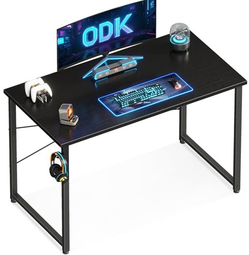 ODK Escritorio Pequeño, 100 x 48 cm Mesa Escritorio con Gancho para Auriculares, Escritorio Negro para Habitaciones Pequeñas, Escritorio de Ordenador para la Oficina en Casa