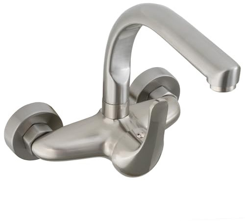 VALAZ Grifo Cocina Pared Acero Cepillado 15cm | Grifos de Cocina Fregadero Monomando, Ahorro de Agua, Alta Presión, Giratorio | Instalación Fácil y Rápida | Latón, Elegante, Acero Inoxidable, Redondo