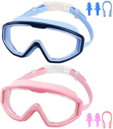 KIMIGO Gafas de natación para niños,2 Gafas de Buceo para niños,Gafas de natación panorámicas Ajustables de Silicona antivaho con Tapones para la Nariz,Tapones para los oídos y Funda para Las Gafas