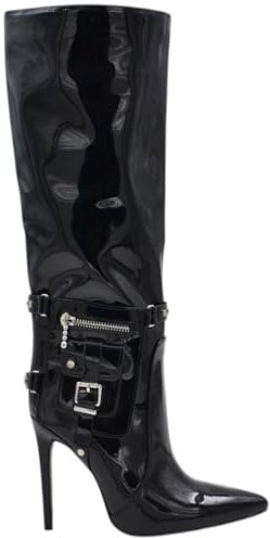 Stivali Donna Alti Lucidi Neri in Vernice al Ginocchio con Zip Tacco a Spillo 12cm Vinile con Cinturini Fibbie Marsupio (41 EU)