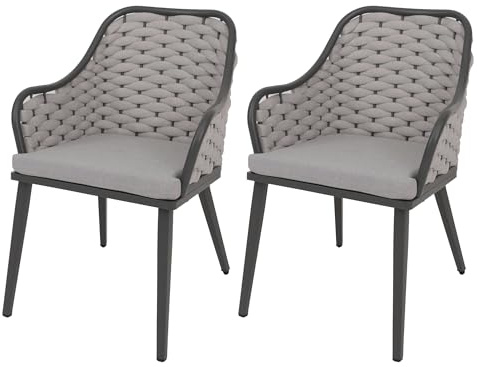 Mendler 2er-Set Aluminium-Gartenstuhl HWC-O16 - hellgrau Kissen hellgrau | Outdoor, Stuhl, Olefin, (200, g/m²) Seilgeflecht, Rope