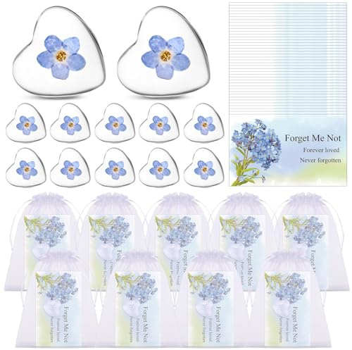 25 Sets Forget Me Not Funeral Favours Alzheimer Dementia Dried Pressed Blue Flower Keepsakes with Memorial Cards Remembrance Gifts for Guests Loss of Loved One Ornament (Heart-shaped)
