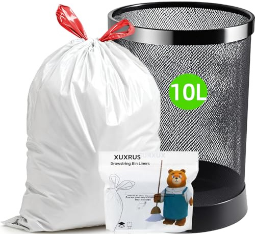 XUXRUS Bin Bags 10L Drawstring Bin Liners with Handle, Small White Bin Liners Waste Rubbish Bags, Leak-Proof Trash Bags Tear-Resistant for Office/Bathroom, Pack of 60