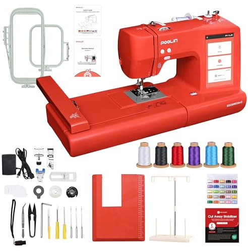 PooLin EOC05 2-in-1 Näh- und Stickmaschine 2026 - Rot - Elektronische Stickmaschine - 7 Zoll LCD-Touchscreen, 10 × 10 cm und 10 × 23,5 cm Rahmen, Computergesteuert, Anfänger und Experten