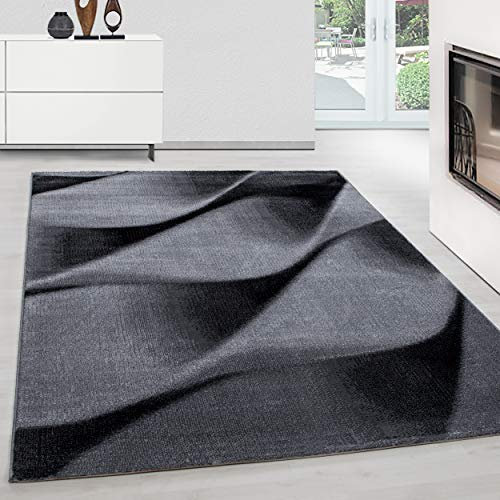 Teppium Moderner Kurzflor Teppich Läufer Flur 80 x 150 cm Schwarz - Teppich Waschbar, Abstrakt Wellen Design, Pflegeleicht und Weich - Ideal als Bettvorleger im Schlafzimmer und Küchenläufer