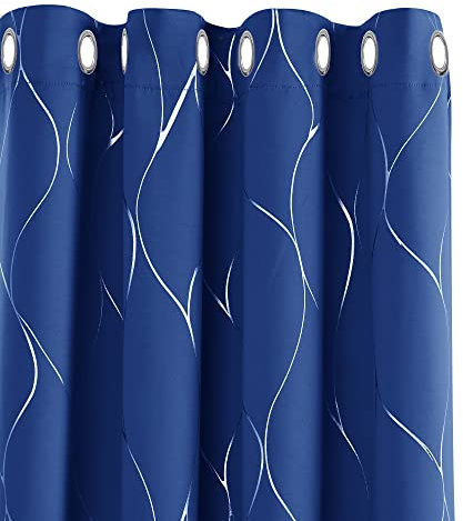 Deconovo Eyelet Blackout Curtains, Silver Wave Line Foil Printed Door Curtains Thermal Curtains for Living Room, 52 x 84 Inch(Width x Length), Royal Blue, one pair